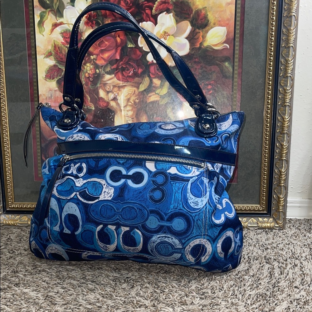 Coach Poppy Glam Tote bag with denim blue graffiti-style print